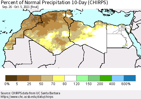 North Africa Percent of Normal Precipitation 10-Day (CHIRPS) Thematic Map For 9/26/2021 - 10/5/2021