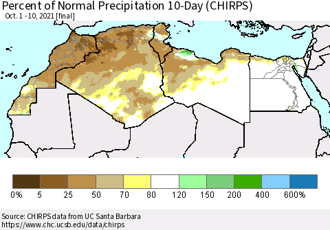 North Africa Percent of Normal Precipitation 10-Day (CHIRPS) Thematic Map For 10/1/2021 - 10/10/2021