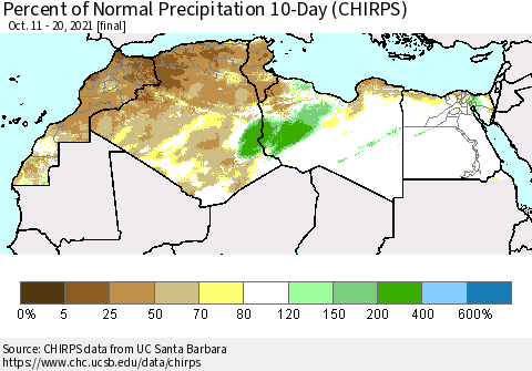 North Africa Percent of Normal Precipitation 10-Day (CHIRPS) Thematic Map For 10/11/2021 - 10/20/2021