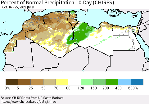 North Africa Percent of Normal Precipitation 10-Day (CHIRPS) Thematic Map For 10/16/2021 - 10/25/2021