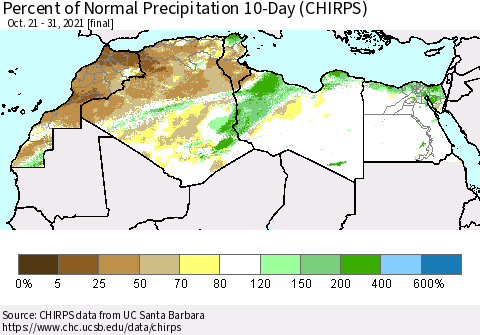 North Africa Percent of Normal Precipitation 10-Day (CHIRPS) Thematic Map For 10/21/2021 - 10/31/2021