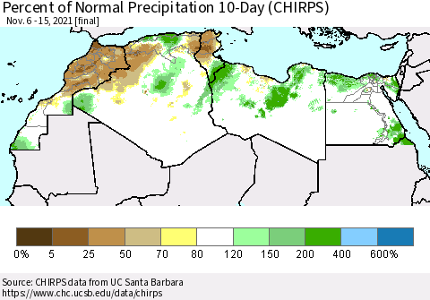 North Africa Percent of Normal Precipitation 10-Day (CHIRPS) Thematic Map For 11/6/2021 - 11/15/2021