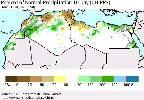 North Africa Percent of Normal Precipitation 10-Day (CHIRPS) Thematic Map For 11/11/2021 - 11/20/2021