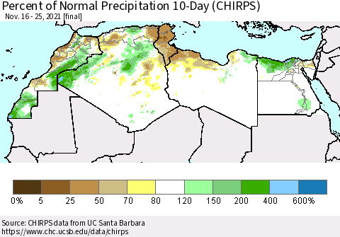 North Africa Percent of Normal Precipitation 10-Day (CHIRPS) Thematic Map For 11/16/2021 - 11/25/2021