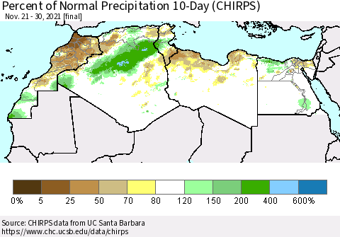 North Africa Percent of Normal Precipitation 10-Day (CHIRPS) Thematic Map For 11/21/2021 - 11/30/2021