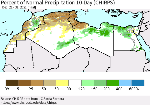 North Africa Percent of Normal Precipitation 10-Day (CHIRPS) Thematic Map For 12/21/2021 - 12/31/2021