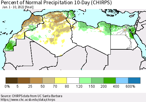 North Africa Percent of Normal Precipitation 10-Day (CHIRPS) Thematic Map For 1/1/2022 - 1/10/2022
