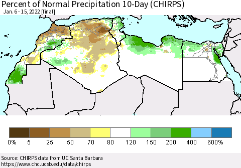 North Africa Percent of Normal Precipitation 10-Day (CHIRPS) Thematic Map For 1/6/2022 - 1/15/2022