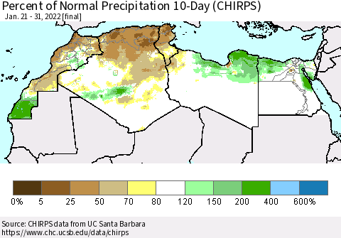 North Africa Percent of Normal Precipitation 10-Day (CHIRPS) Thematic Map For 1/21/2022 - 1/31/2022