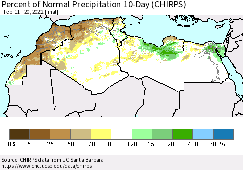 North Africa Percent of Normal Precipitation 10-Day (CHIRPS) Thematic Map For 2/11/2022 - 2/20/2022