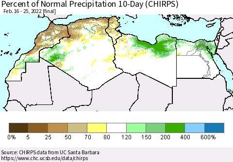North Africa Percent of Normal Precipitation 10-Day (CHIRPS) Thematic Map For 2/16/2022 - 2/25/2022