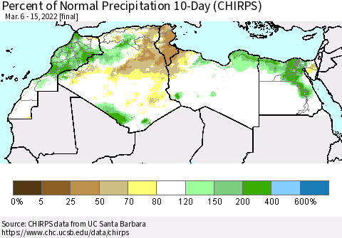 North Africa Percent of Normal Precipitation 10-Day (CHIRPS) Thematic Map For 3/6/2022 - 3/15/2022