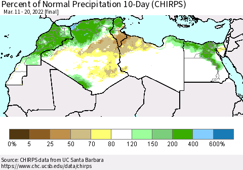 North Africa Percent of Normal Precipitation 10-Day (CHIRPS) Thematic Map For 3/11/2022 - 3/20/2022