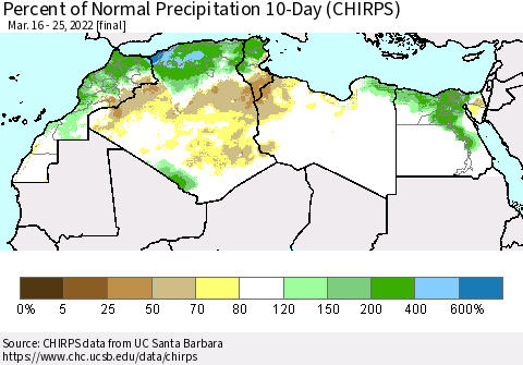 North Africa Percent of Normal Precipitation 10-Day (CHIRPS) Thematic Map For 3/16/2022 - 3/25/2022