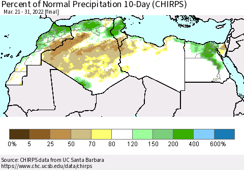 North Africa Percent of Normal Precipitation 10-Day (CHIRPS) Thematic Map For 3/21/2022 - 3/31/2022