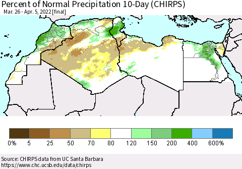 North Africa Percent of Normal Precipitation 10-Day (CHIRPS) Thematic Map For 3/26/2022 - 4/5/2022