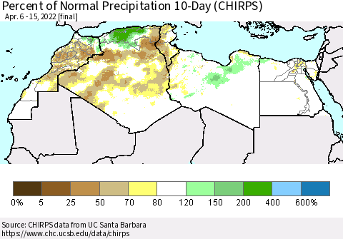 North Africa Percent of Normal Precipitation 10-Day (CHIRPS) Thematic Map For 4/6/2022 - 4/15/2022