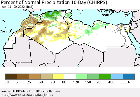 North Africa Percent of Normal Precipitation 10-Day (CHIRPS) Thematic Map For 4/11/2022 - 4/20/2022