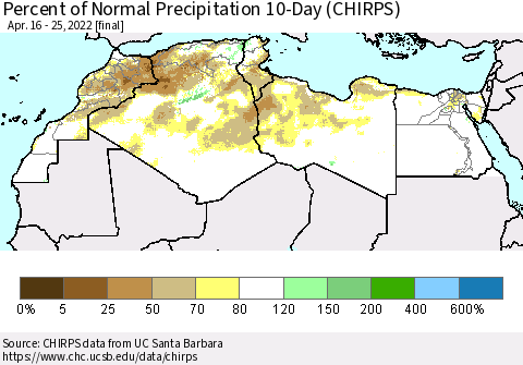 North Africa Percent of Normal Precipitation 10-Day (CHIRPS) Thematic Map For 4/16/2022 - 4/25/2022