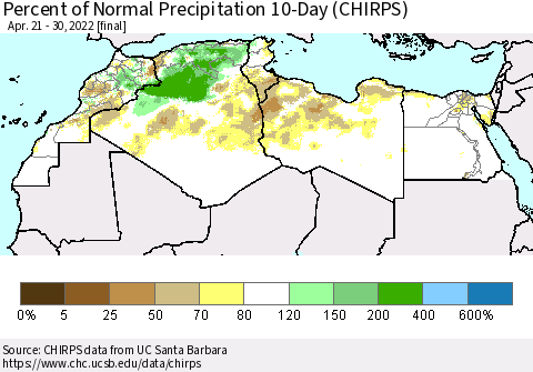 North Africa Percent of Normal Precipitation 10-Day (CHIRPS) Thematic Map For 4/21/2022 - 4/30/2022