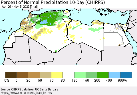 North Africa Percent of Normal Precipitation 10-Day (CHIRPS) Thematic Map For 4/26/2022 - 5/5/2022