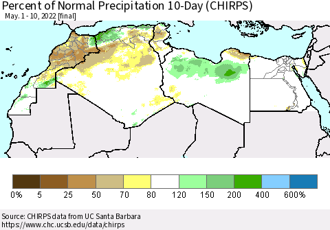 North Africa Percent of Normal Precipitation 10-Day (CHIRPS) Thematic Map For 5/1/2022 - 5/10/2022