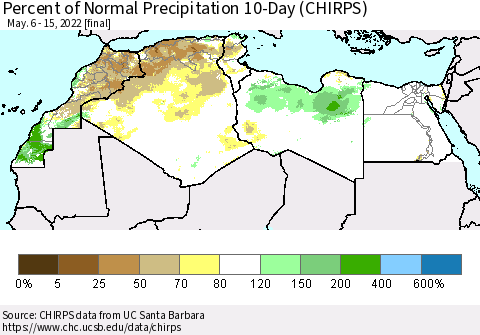 North Africa Percent of Normal Precipitation 10-Day (CHIRPS) Thematic Map For 5/6/2022 - 5/15/2022