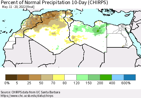 North Africa Percent of Normal Precipitation 10-Day (CHIRPS) Thematic Map For 5/11/2022 - 5/20/2022