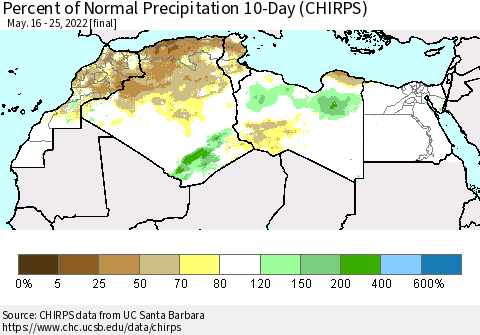 North Africa Percent of Normal Precipitation 10-Day (CHIRPS) Thematic Map For 5/16/2022 - 5/25/2022