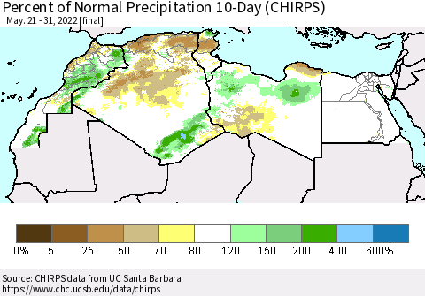 North Africa Percent of Normal Precipitation 10-Day (CHIRPS) Thematic Map For 5/21/2022 - 5/31/2022