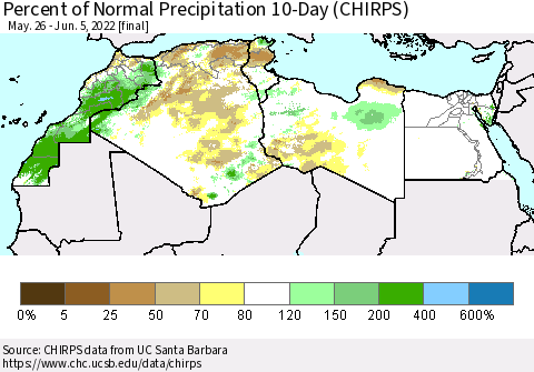 North Africa Percent of Normal Precipitation 10-Day (CHIRPS) Thematic Map For 5/26/2022 - 6/5/2022