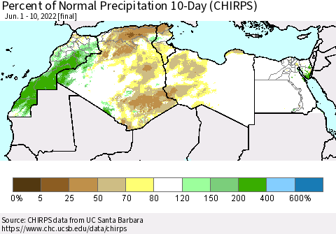 North Africa Percent of Normal Precipitation 10-Day (CHIRPS) Thematic Map For 6/1/2022 - 6/10/2022