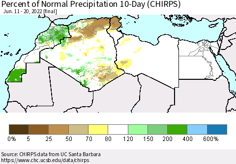 North Africa Percent of Normal Precipitation 10-Day (CHIRPS) Thematic Map For 6/11/2022 - 6/20/2022