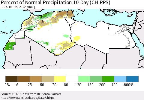 North Africa Percent of Normal Precipitation 10-Day (CHIRPS) Thematic Map For 6/16/2022 - 6/25/2022