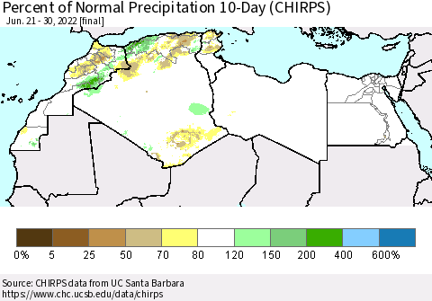 North Africa Percent of Normal Precipitation 10-Day (CHIRPS) Thematic Map For 6/21/2022 - 6/30/2022