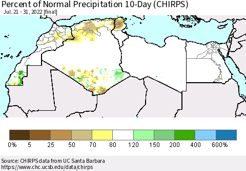 North Africa Percent of Normal Precipitation 10-Day (CHIRPS) Thematic Map For 7/21/2022 - 7/31/2022