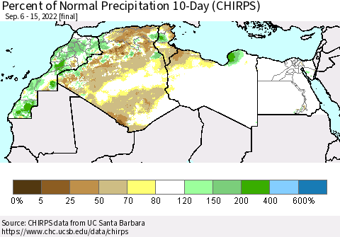 North Africa Percent of Normal Precipitation 10-Day (CHIRPS) Thematic Map For 9/6/2022 - 9/15/2022