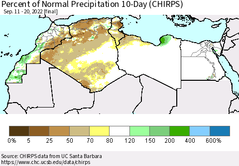 North Africa Percent of Normal Precipitation 10-Day (CHIRPS) Thematic Map For 9/11/2022 - 9/20/2022