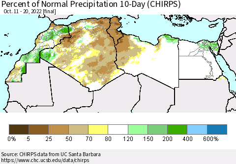 North Africa Percent of Normal Precipitation 10-Day (CHIRPS) Thematic Map For 10/11/2022 - 10/20/2022