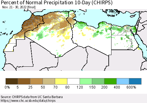 North Africa Percent of Normal Precipitation 10-Day (CHIRPS) Thematic Map For 11/21/2022 - 11/30/2022