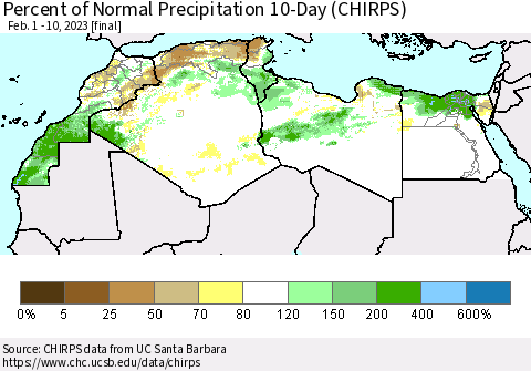 North Africa Percent of Normal Precipitation 10-Day (CHIRPS) Thematic Map For 2/1/2023 - 2/10/2023