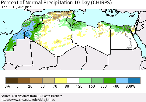 North Africa Percent of Normal Precipitation 10-Day (CHIRPS) Thematic Map For 2/6/2023 - 2/15/2023