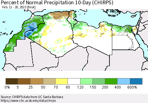 North Africa Percent of Normal Precipitation 10-Day (CHIRPS) Thematic Map For 2/11/2023 - 2/20/2023
