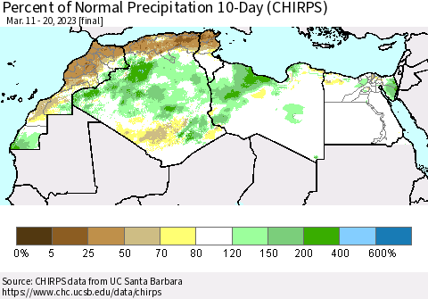 North Africa Percent of Normal Precipitation 10-Day (CHIRPS) Thematic Map For 3/11/2023 - 3/20/2023