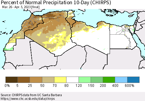 North Africa Percent of Normal Precipitation 10-Day (CHIRPS) Thematic Map For 3/26/2023 - 4/5/2023