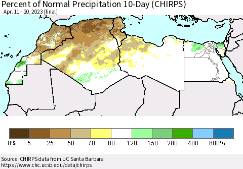 North Africa Percent of Normal Precipitation 10-Day (CHIRPS) Thematic Map For 4/11/2023 - 4/20/2023