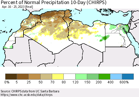 North Africa Percent of Normal Precipitation 10-Day (CHIRPS) Thematic Map For 4/16/2023 - 4/25/2023