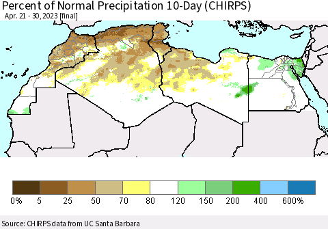 North Africa Percent of Normal Precipitation 10-Day (CHIRPS) Thematic Map For 4/21/2023 - 4/30/2023