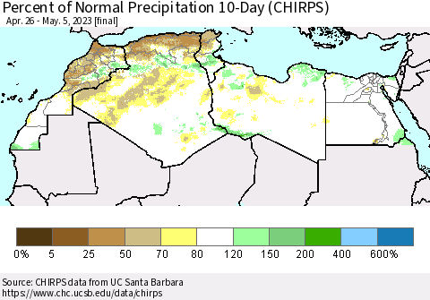 North Africa Percent of Normal Precipitation 10-Day (CHIRPS) Thematic Map For 4/26/2023 - 5/5/2023