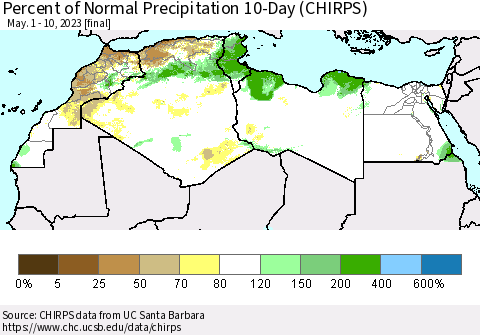 North Africa Percent of Normal Precipitation 10-Day (CHIRPS) Thematic Map For 5/1/2023 - 5/10/2023